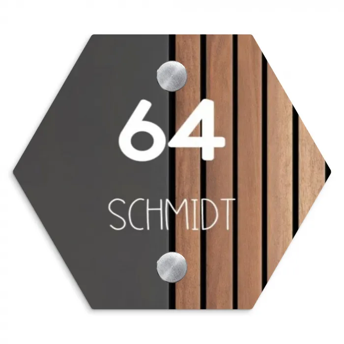 Hout en antraciet - Modern Naambord Hexagon klein -3d