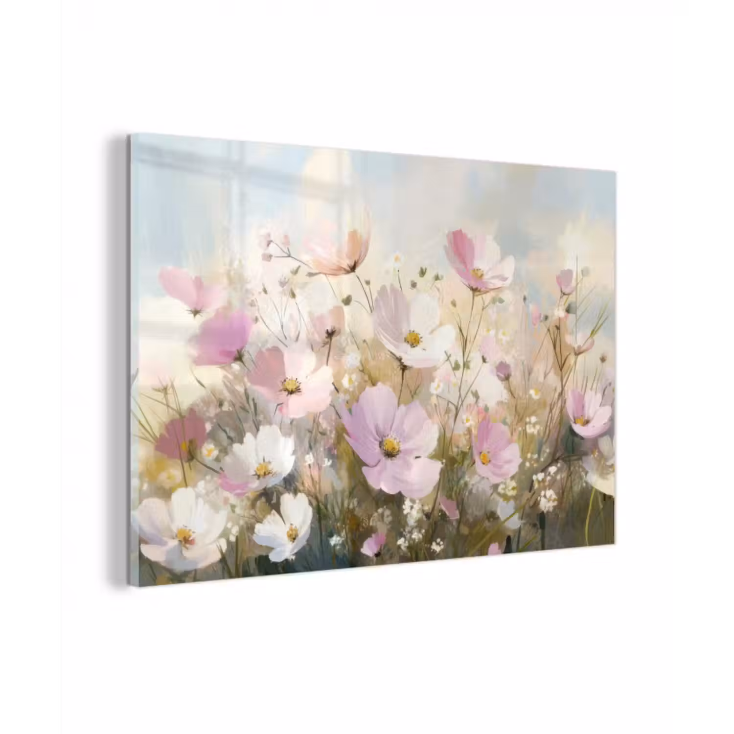 Glasbild - Blumenfeld - Helle Farbtöne - Gemalt