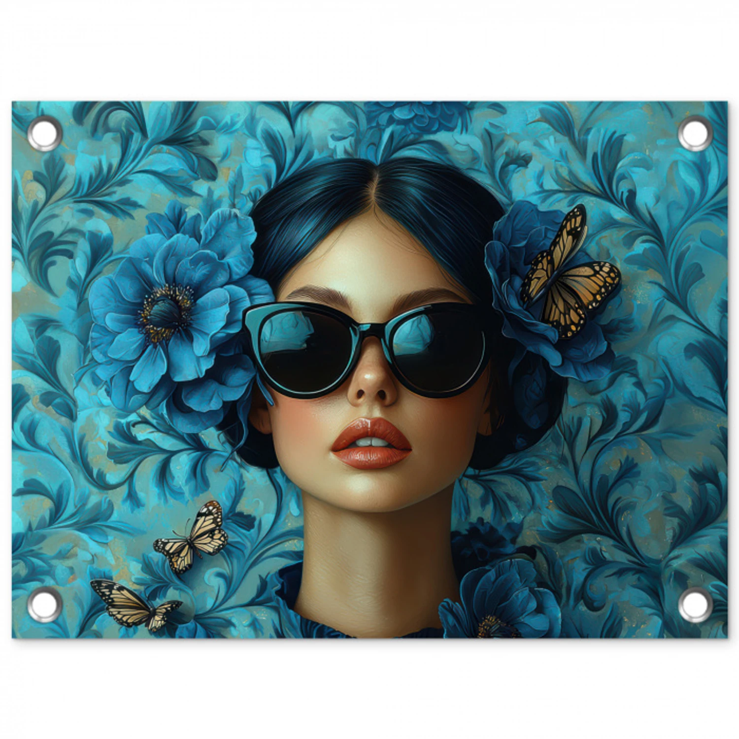 Vrouw - Bloemen - Vlinders - Blauw - Abstract tuinposter los doek klein -3d