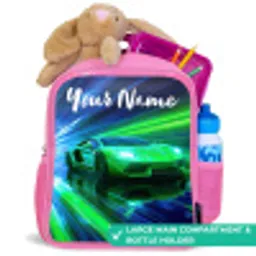 Sportauto - Groen - Snelheidslijnen - Neon Kinderrugzak - Roze middel -inhoud_UK