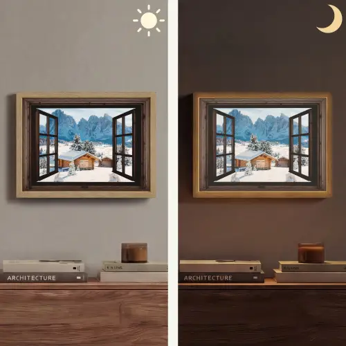 Doorkijk - Winter - Landschap - Huisje - Bergen Light Box met batterij (Wandlamp) middel -sfeer3