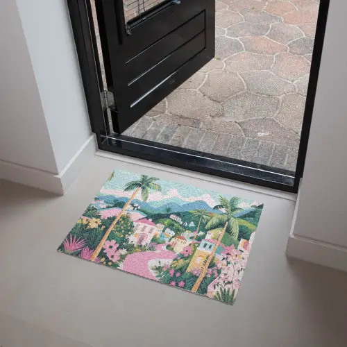 Kleurrijk - Huizen - Heuvels - Roze Deurmat klein -sfeer5
