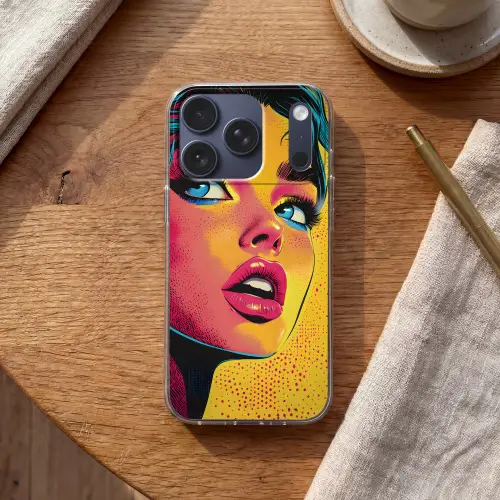 Close-up - Vrouwengezicht - Stippen - Geel Telefoonhoesje iPhone 17 Pro klein -sfeer1