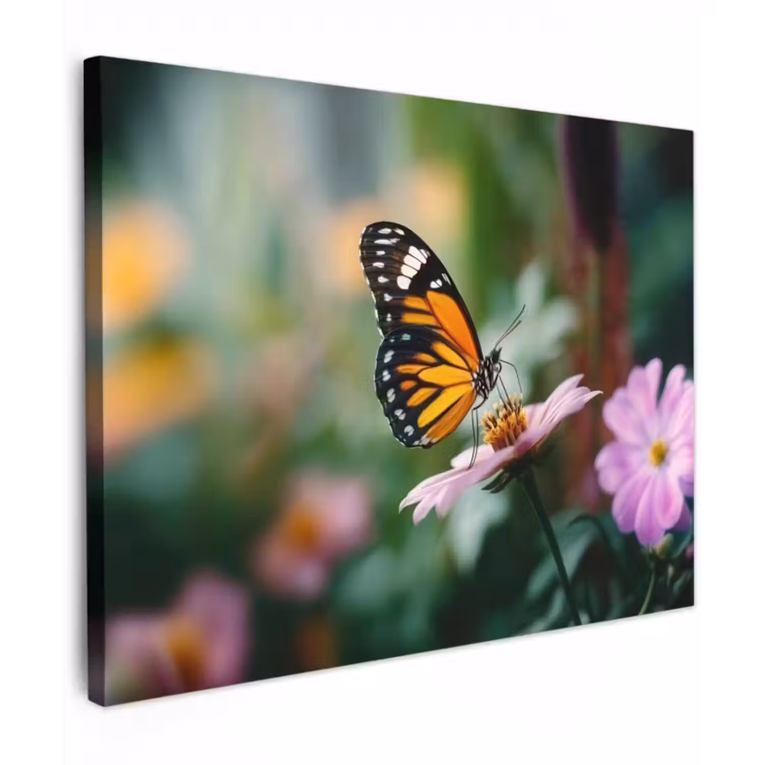 Canvas schilderij - Roze bloemen - Vlinder - Zachte focus