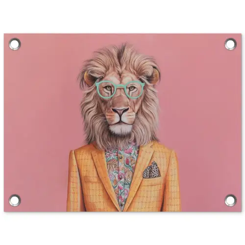 Leeuw - Pak - Geruit - Bril tuinposter los doek klein -3d