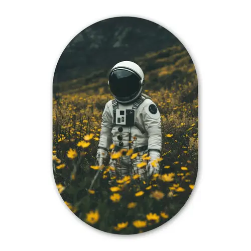 Astronaut - Bloemen - Veld - Geel Wandcirkel Ovaal Forex klein -3d