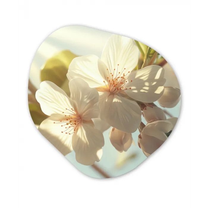 Bloesems - Wit - Zonnestralen -  Bloemblaadjes Wandcirkel Organisch Plexiglas middel -3d