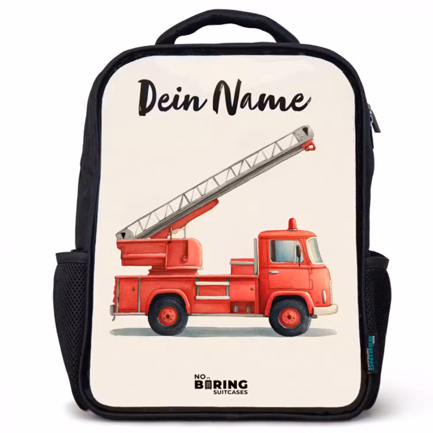 Kinderrucksack mit Namen - Schwarz - Feuerwehrauto - Signiert - Rot