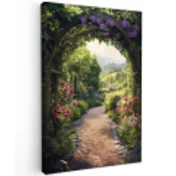Doorkijk - Landschap - Bloemen - Tuinboog - Natuur Tuinposter op houten frame 2 cm dik klein -3d