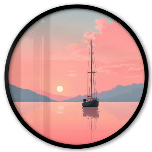 Zeilboot - Roze zee - Zonsondergang - Bergen Fotolijst rond zonder passe partout klein -3d