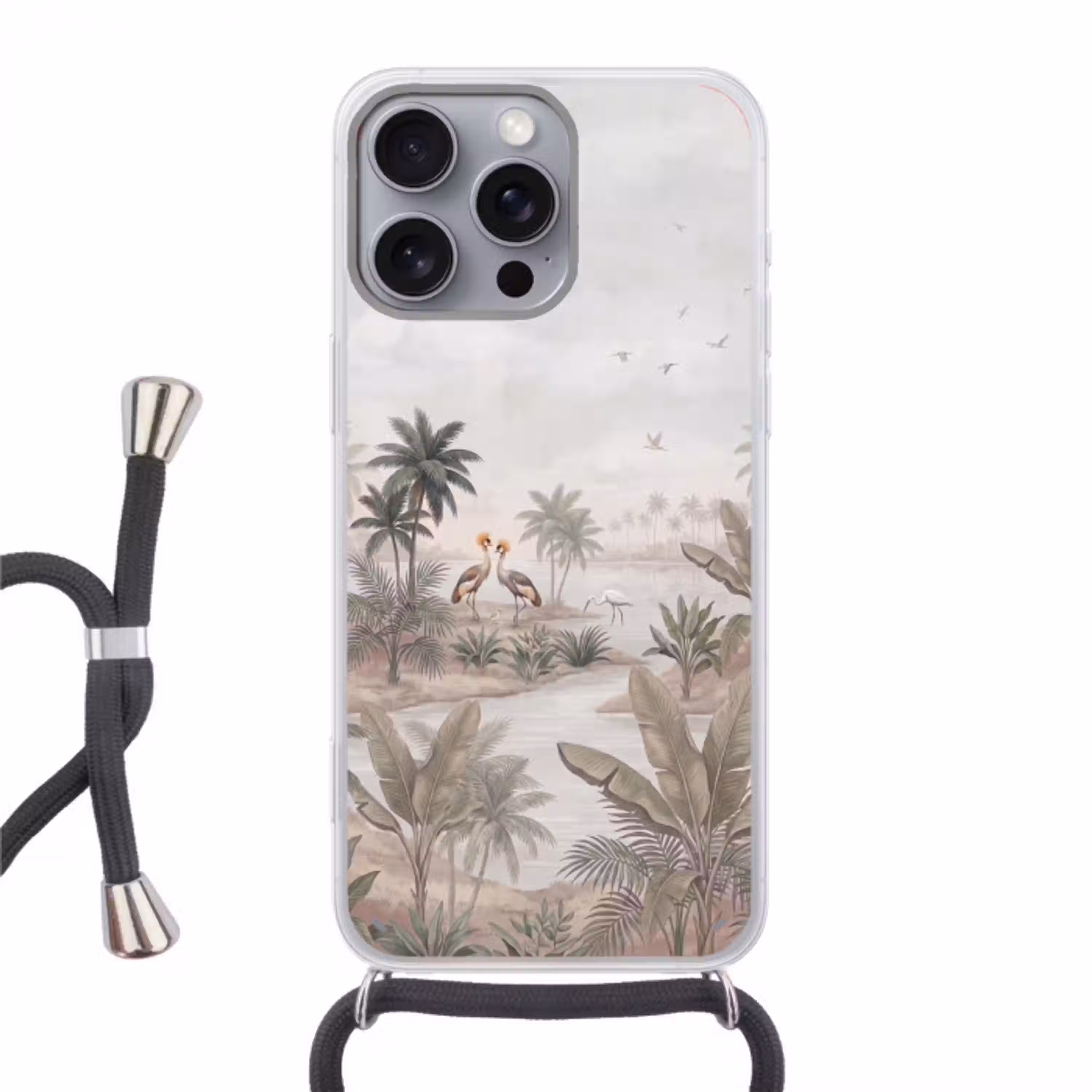 Kraanvogels - Palmbomen - Tropisch Hoesje iPhone 16 Pro Max met koord klein -3d