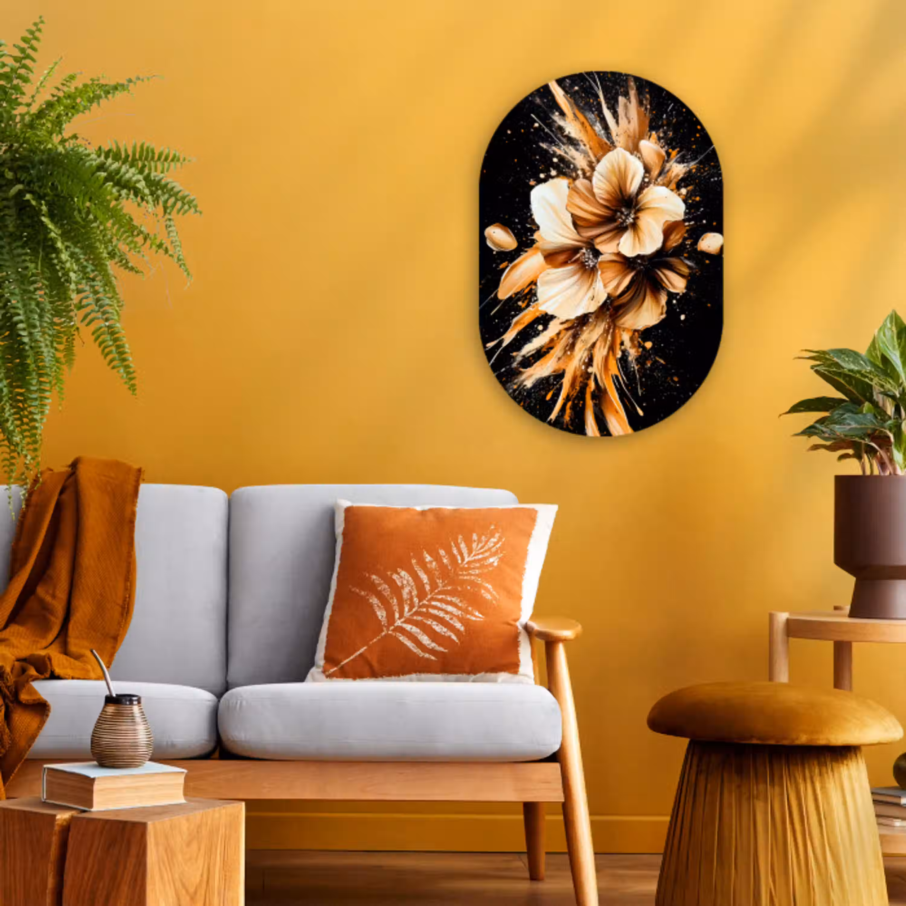 Bloemen - Goud - Graffiti - Zwart - Abstract Wandcirkel Ovaal Forex klein -sfeer4