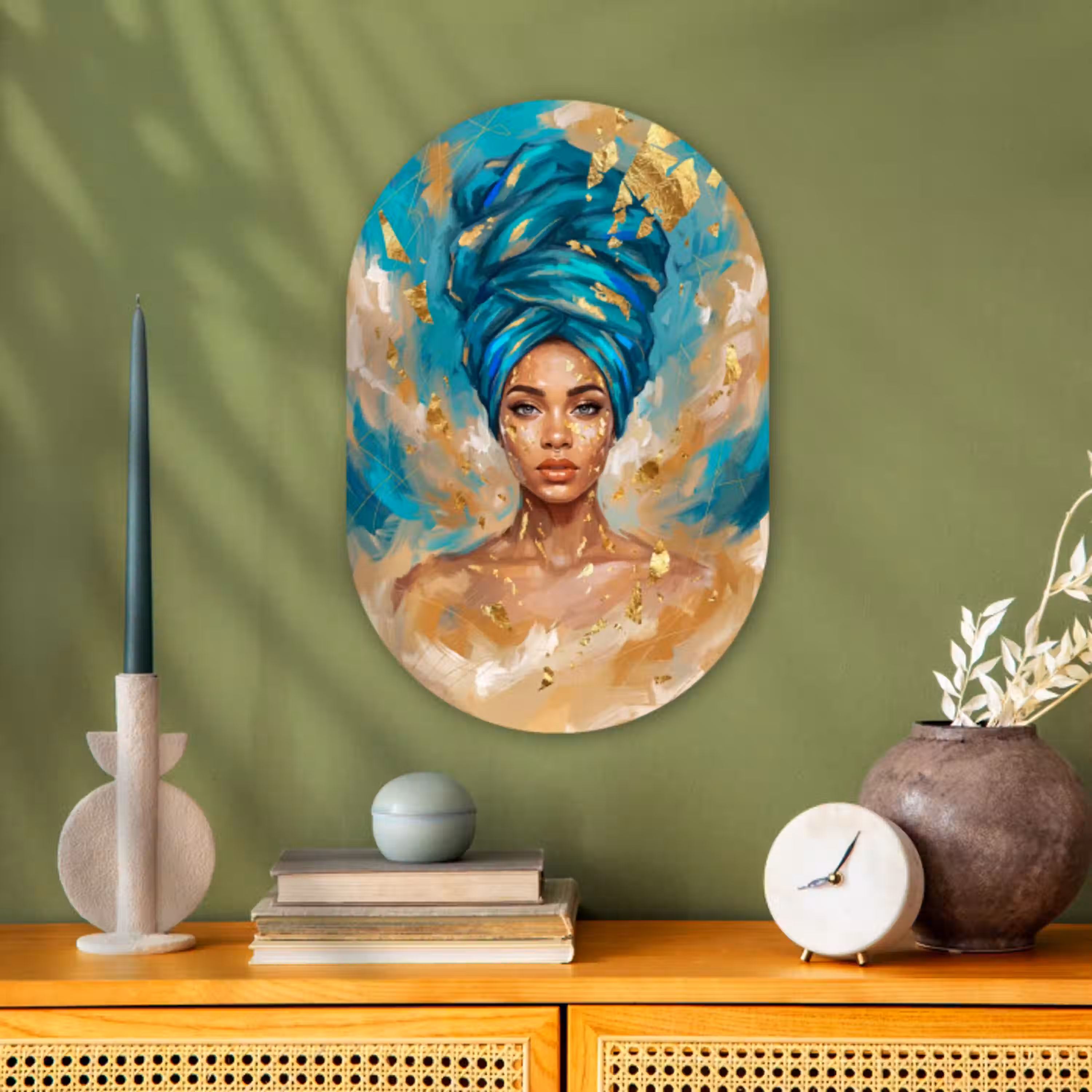 Portret - Vrouw - Schilderij - Blauw - Goud - Expressief Wandcirkel Ovaal Forex klein -sfeer2