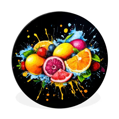 Fruit - Graffiti - Kleurrijk - Sinaasappel - Aardbei - Abstract Wandcirkel aluminium klein -3d
