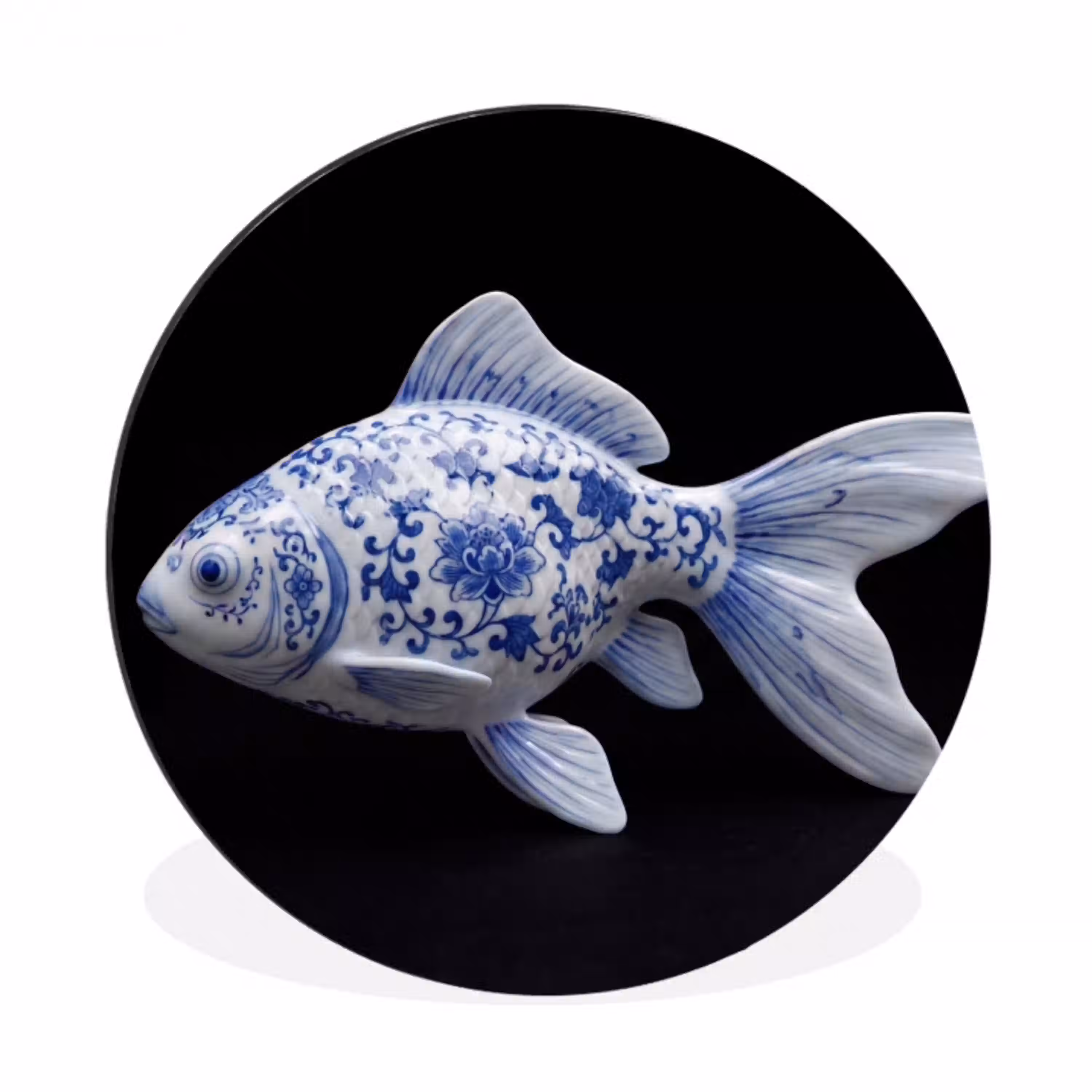 Porselein - Goudvis - Delfts - Blauw Wandcirkel aluminium klein -3d