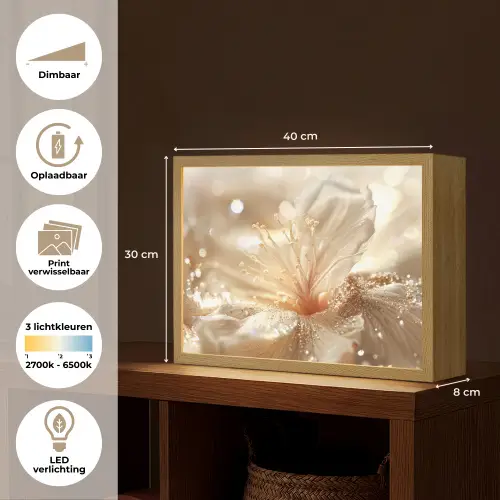 Bloem - Wit - Glitter - Goud - Modern Light Box met batterij (Wandlamp) middel -USP_websiteoverzichtNL