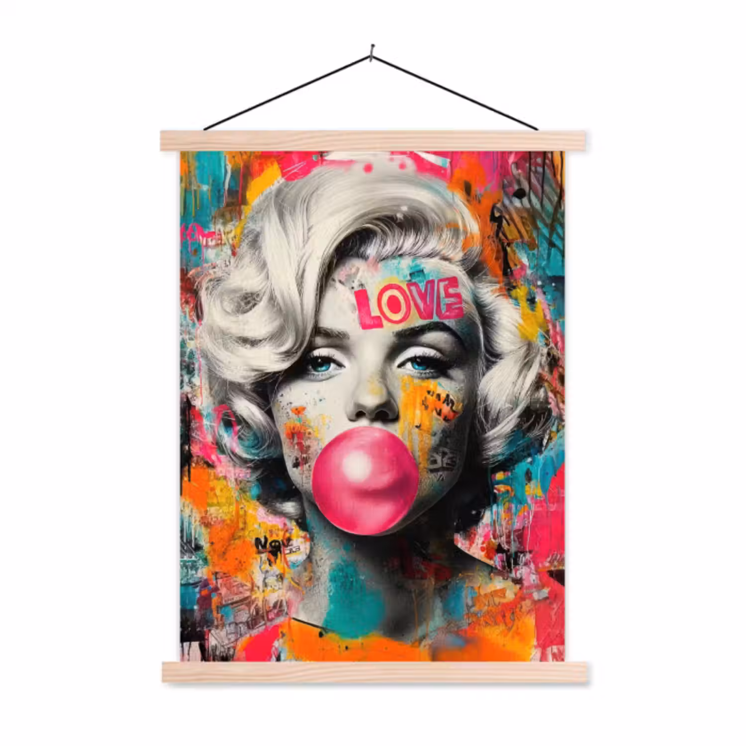 textielposter latten blank - Vrouw - Kauwgom - Graffiti - Neonkleuren