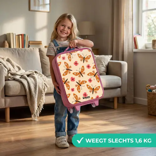 Oranje vlinders en roze bloemen op beige achtergrond Kinderkoffer - Roze klein -sfeer2_NL