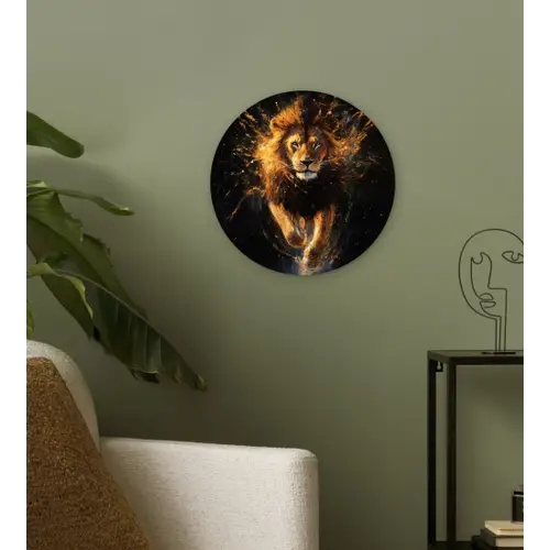 Leeuw - Zwart - Oranje - Verf Wandcirkel kunststof plaat 5mm dik klein -sfeer3