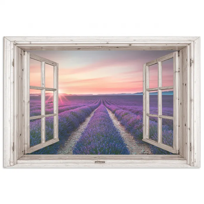 Doorkijk - Lavendel - Bloemen - Hout - Zonsondergang - Paars poster papier klein -3d