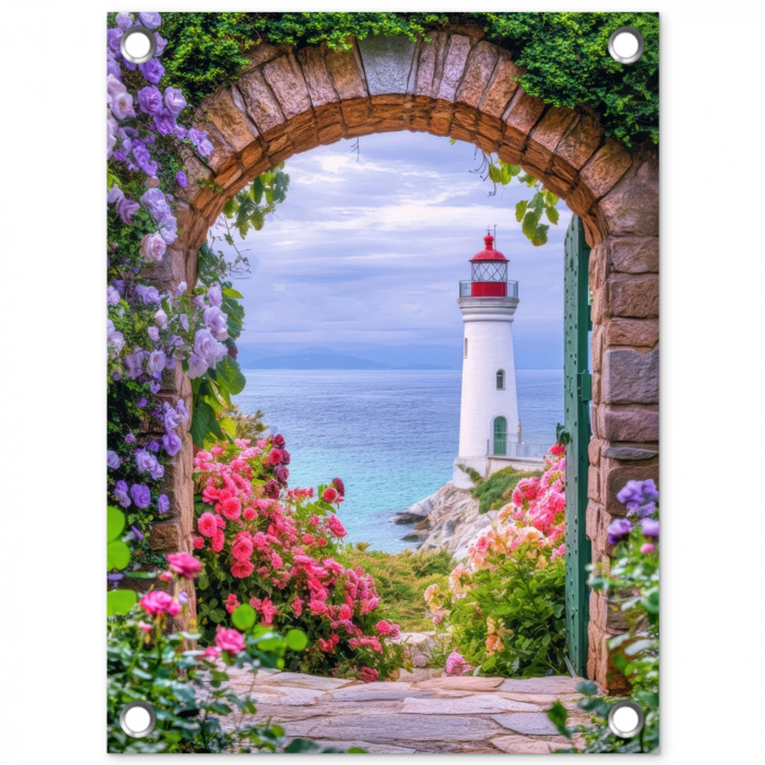 Doorkijk - Vuurtoren - Bloemen - Uitzicht tuinposter los doek klein -3d