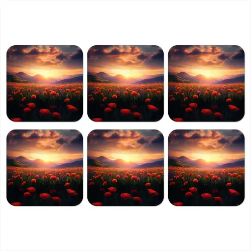 Landschap - Zonsondergang - Bloemenveld onderzetter kurk middel -3d