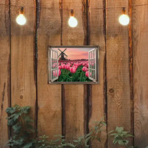 Doorkijk - Tulpen - Bloemen - Molen - Raam tuinposter los doek klein -sfeer1