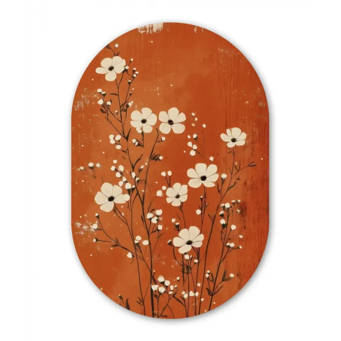 Bloemen - Wit - Subtiel - Roestkleur Wandcirkel Ovaal Glas middel -3d