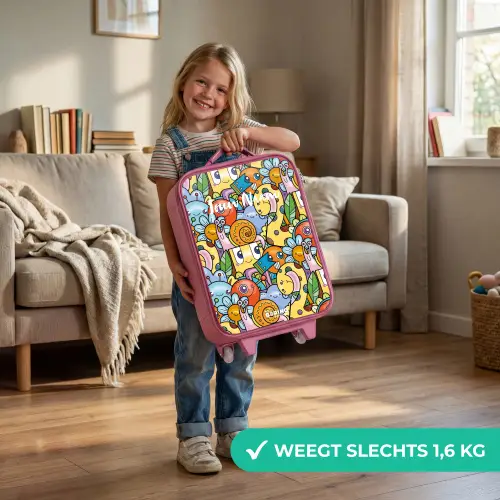 Cartoon van verschillende wezens en gezichten Kinderkoffer - Roze klein -sfeer2_NL