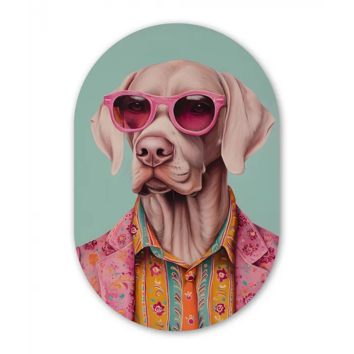 Hond - Overhemd - Bloemen - Bril Wandcirkel Ovaal Glas middel -3d