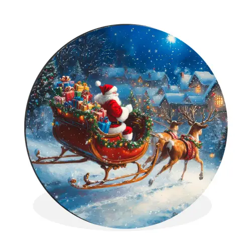 Kerstman - Rendier - Kerst - Sneeuw Wandcirkel aluminium klein -3d