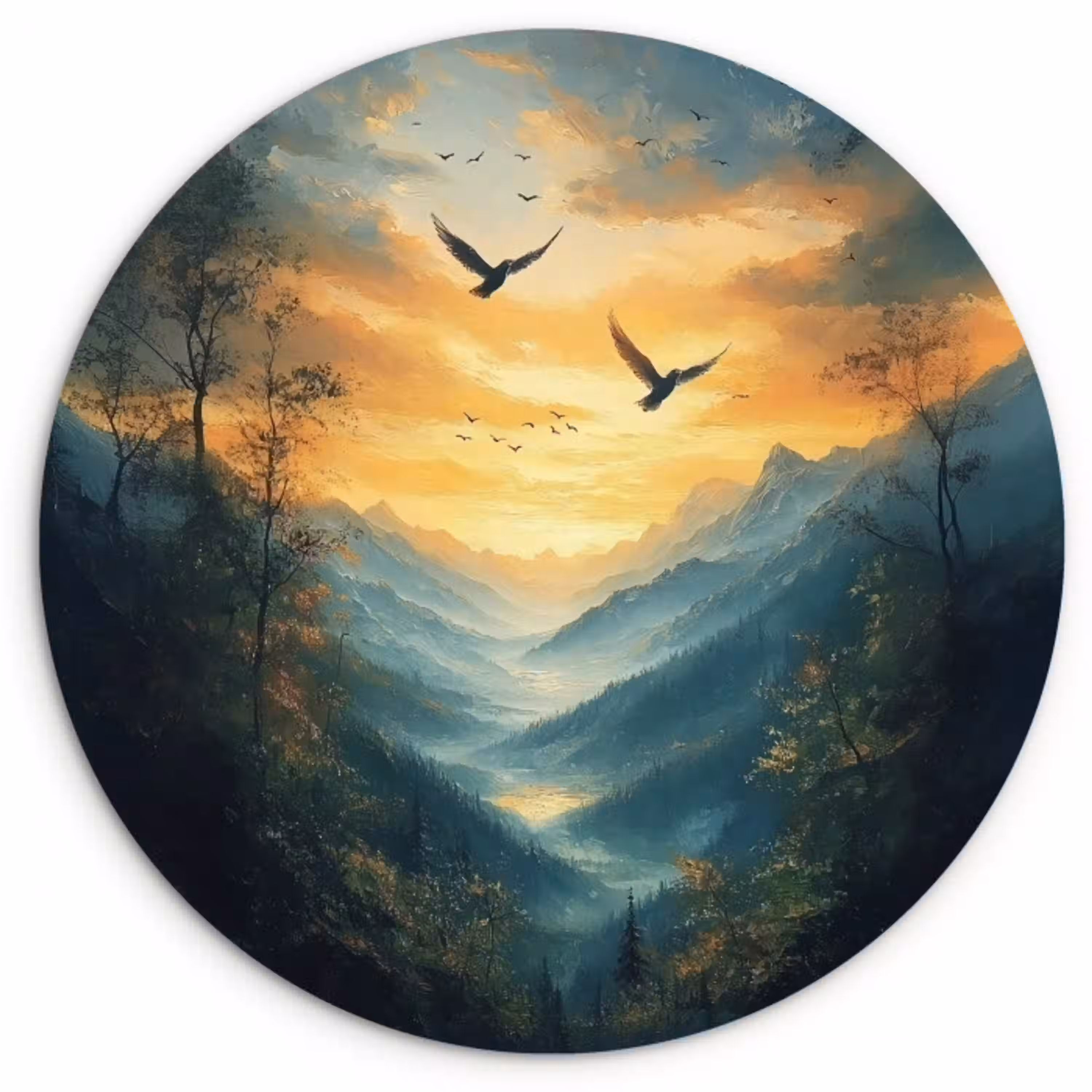 Vogels - Zon - Bomen - Groen Wandcirkel kunststof plaat 5mm dik klein -3d