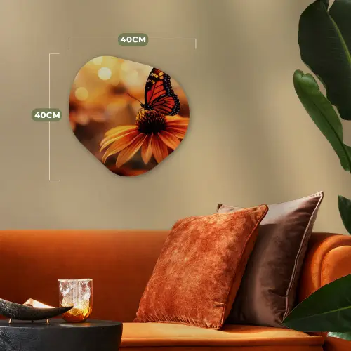 Vlinder - Bloemen - Oranje Wandcirkel Organisch Forex 3mm klein -sfeer3