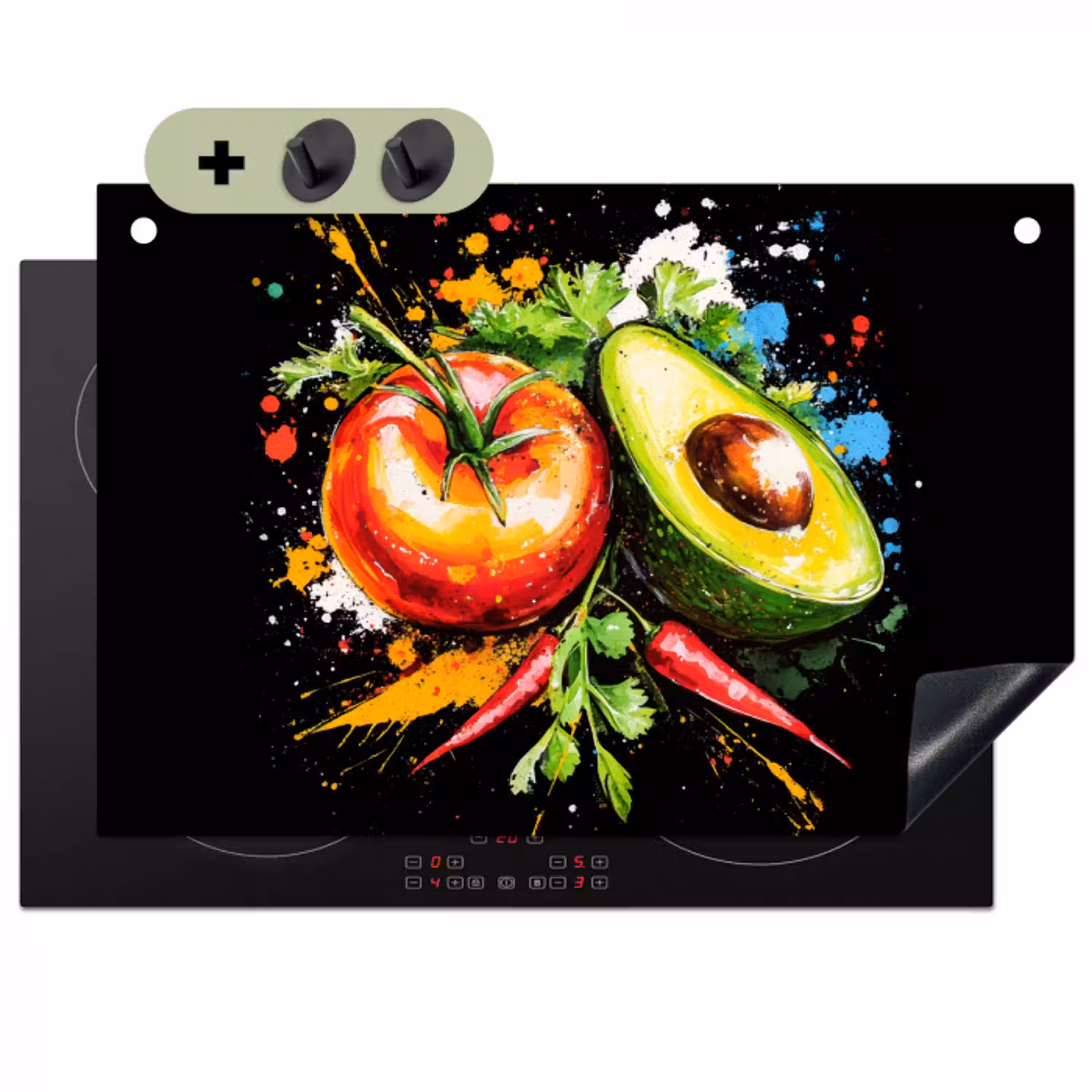 Tomaat - Avocado - Peper - Graffiti - Verf - Modern Inductie beschemer met haakjes klein -3d