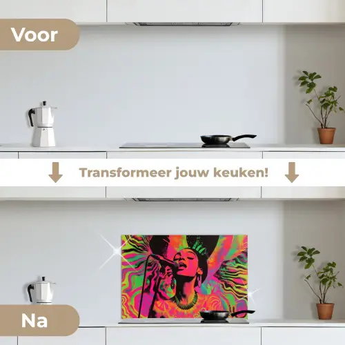 Vrouw - Microfoon - Neon keuken achterwand spatscherm klein -voor_na_NL