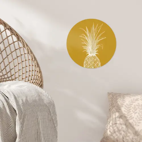 Lijnillustratie - Ananas - Bladkroon - Okergeel Wandcirkel behangsticker klein -sfeer4
