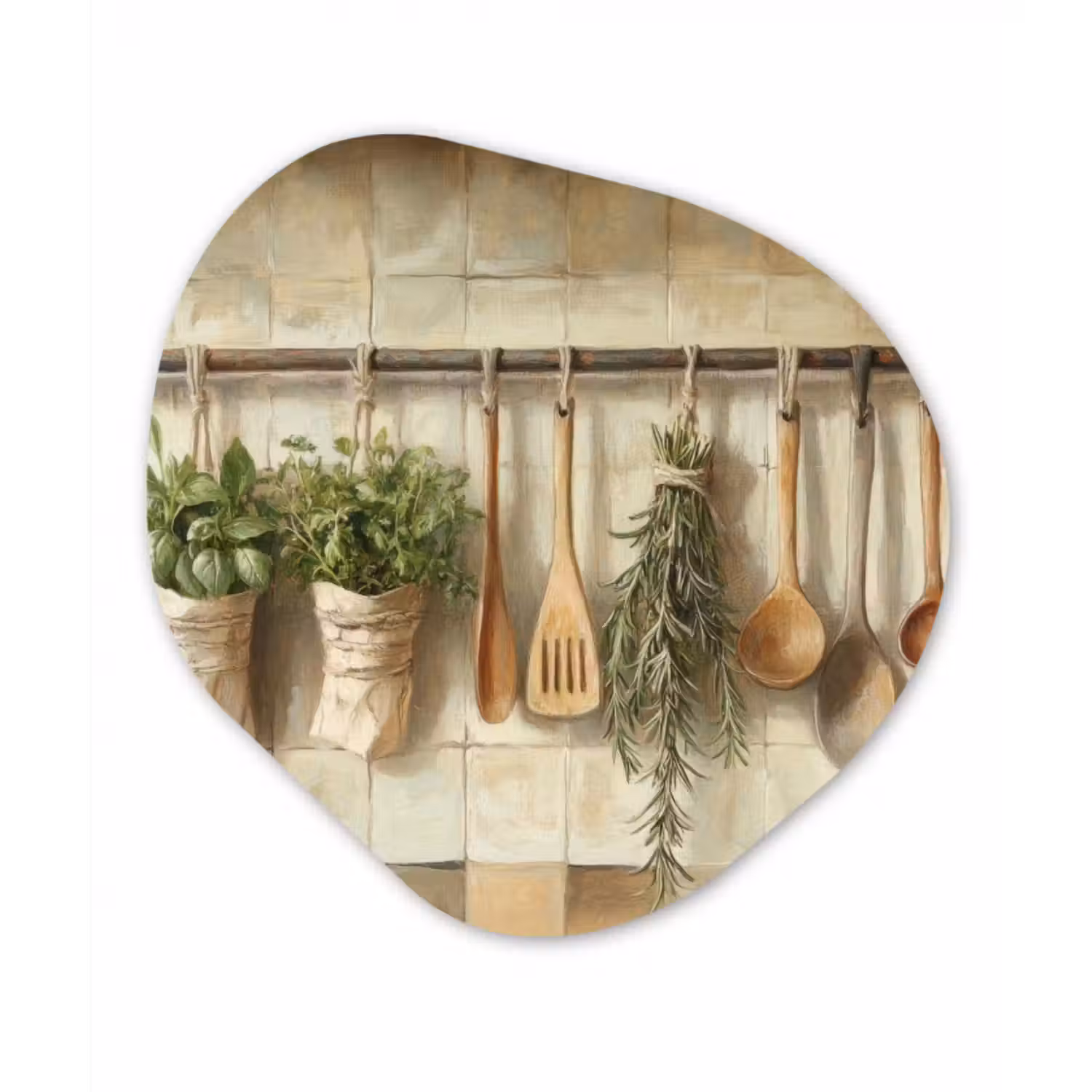 Glasbild Organische Form - Holz - Küchengeräte - Stilleben - Kacheln