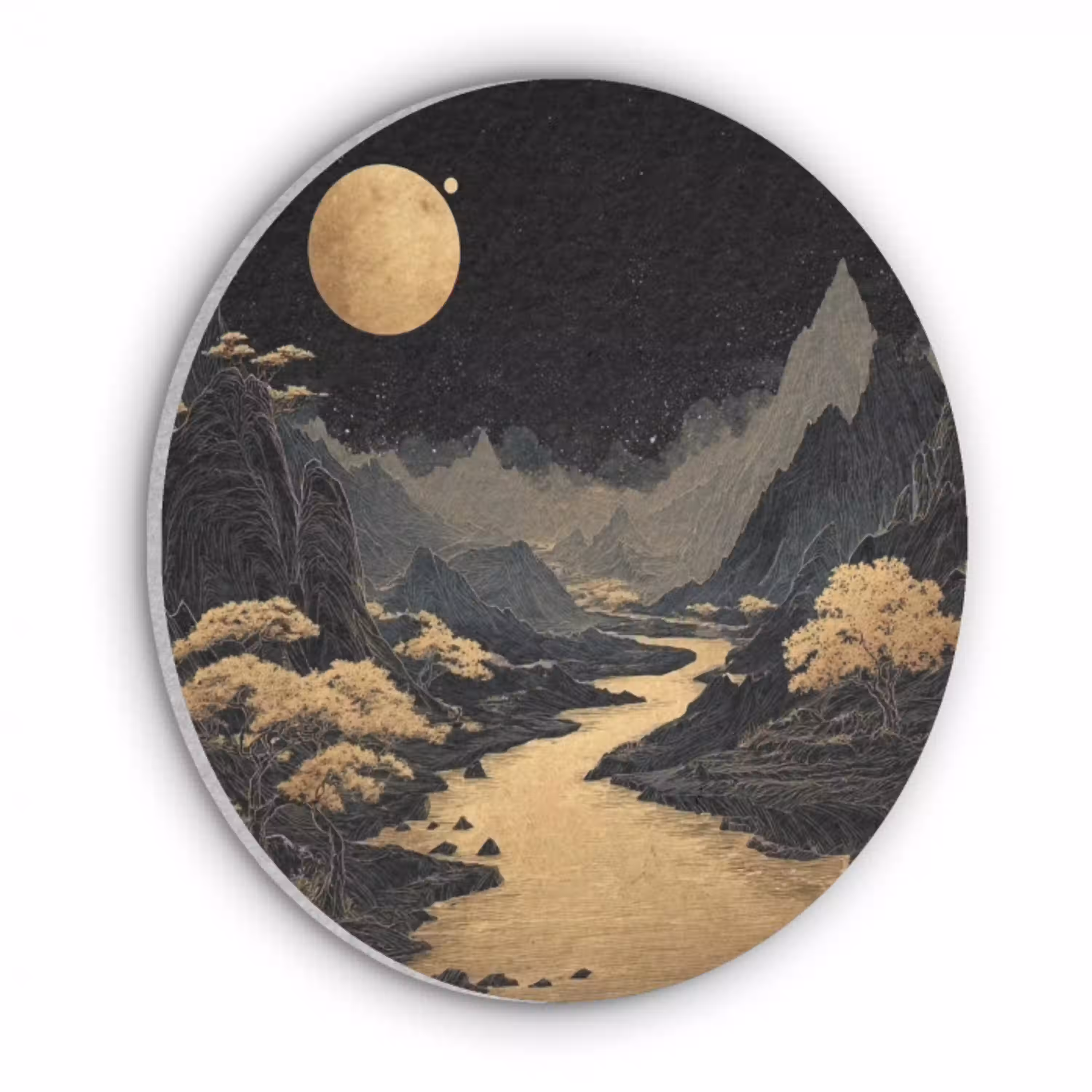 Gouden rivier - Bergen - Maan - Sterrenhemel Akoestische PET Vilt - Rond klein -3d