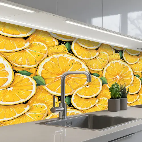 Grafisch - Citroenschijven - Blaadjes keuken achterwand 2 middel 871 -3d_schuin