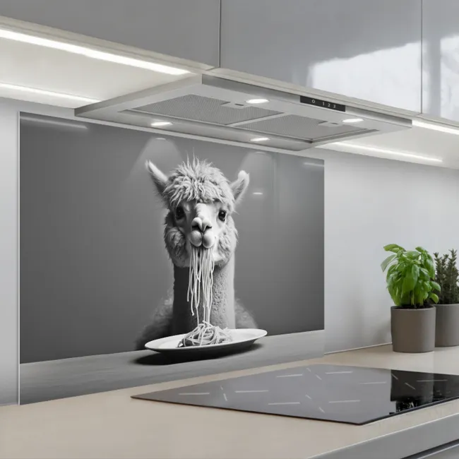 Spritzschutz Küche - Alpaka - Nudeln - Schwarz - Weiß - Lustig - Tiere