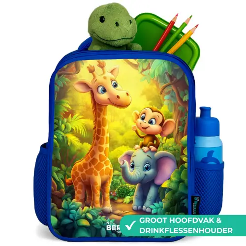 Giraf, olifant en aapje in het bos Kinderrugzak - Blauw middel -inhoud_NL