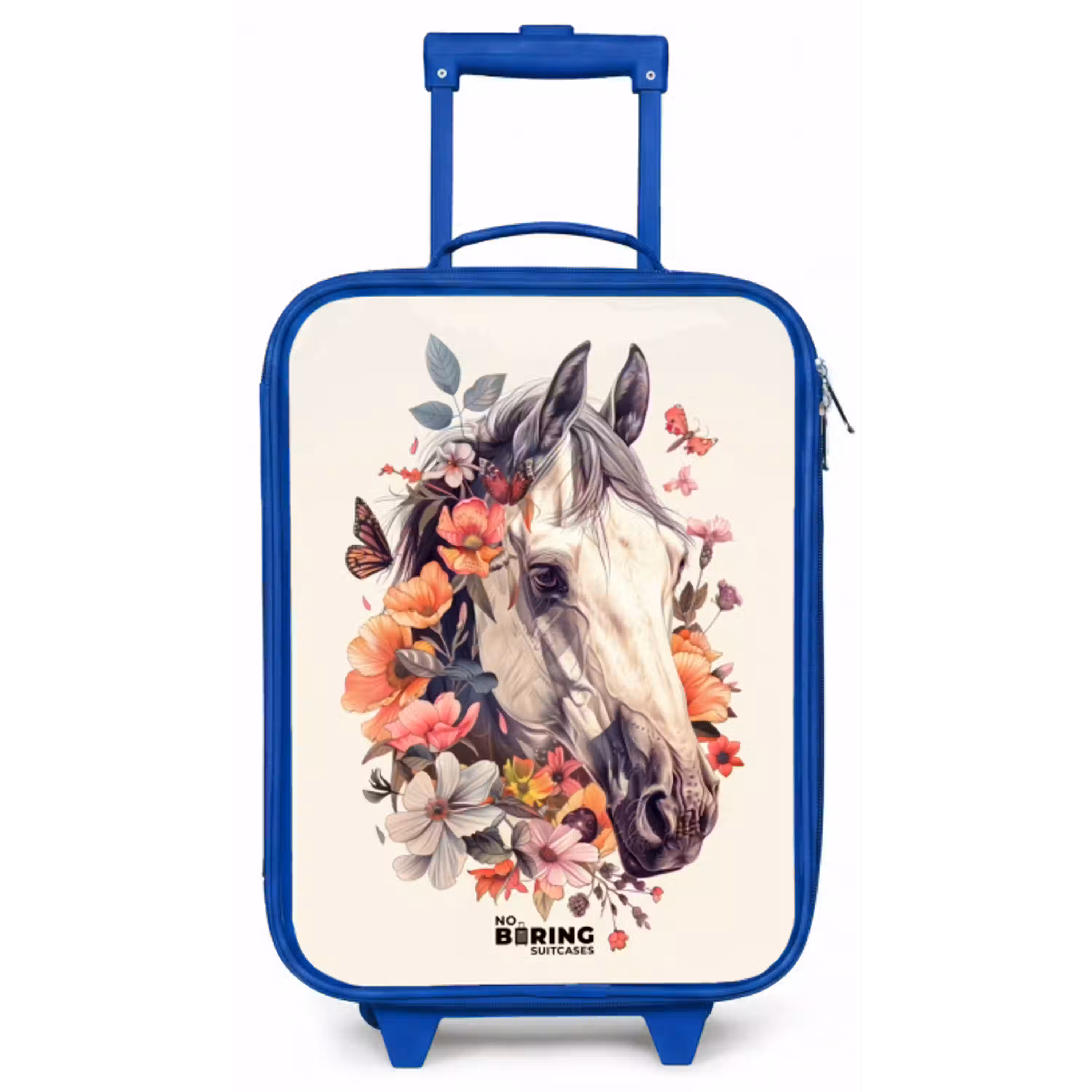 Wit paardenhoofd omringd door bloemen en vlinders Kinderkoffer - Blauw klein -zz3dotto
