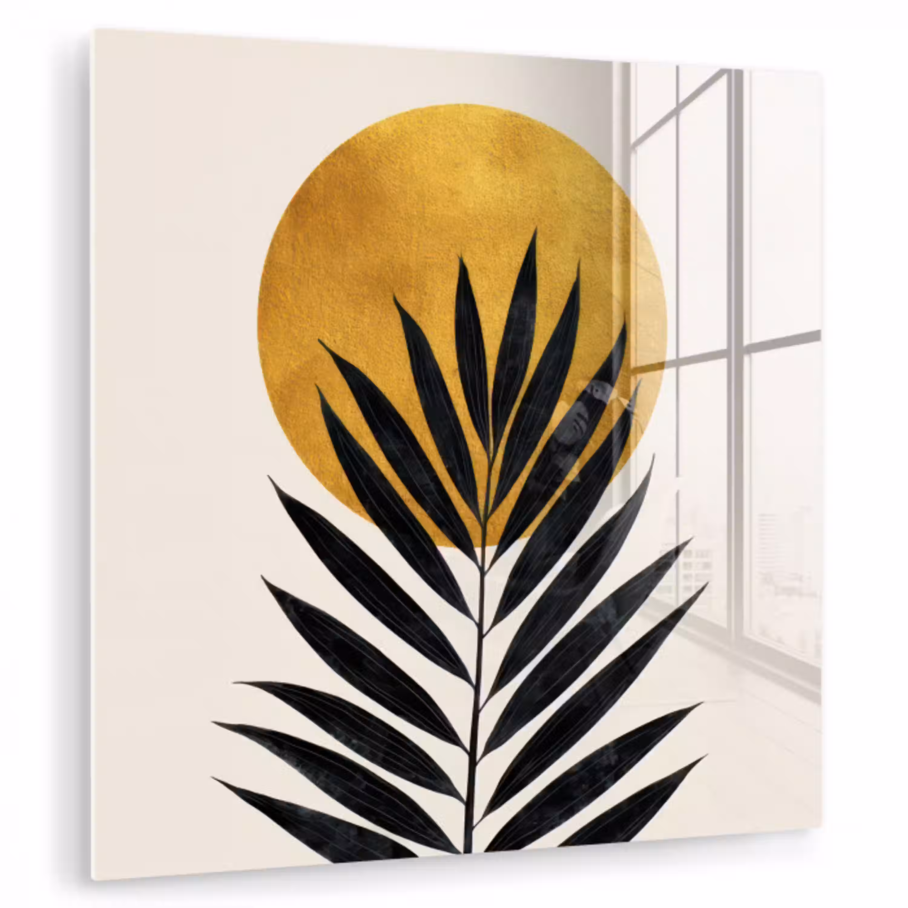 Zwart palmblad - Gouden cirkel - Beige achtergrond plexiglas 5mm klein -zzzproduct_nieuw