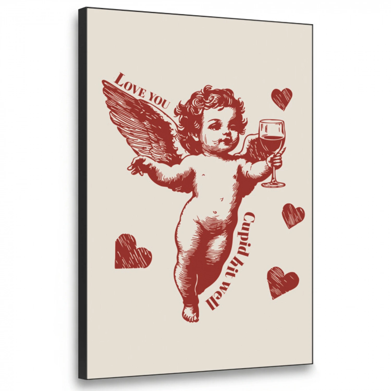 Cupido - Hartjes - Rood - Klassiek Textielframe zwart klein -3d