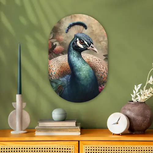 Pauw - Vogel - Bloemen - Planten - Pauwenveren Wandcirkel Ovaal Forex klein -sfeer2