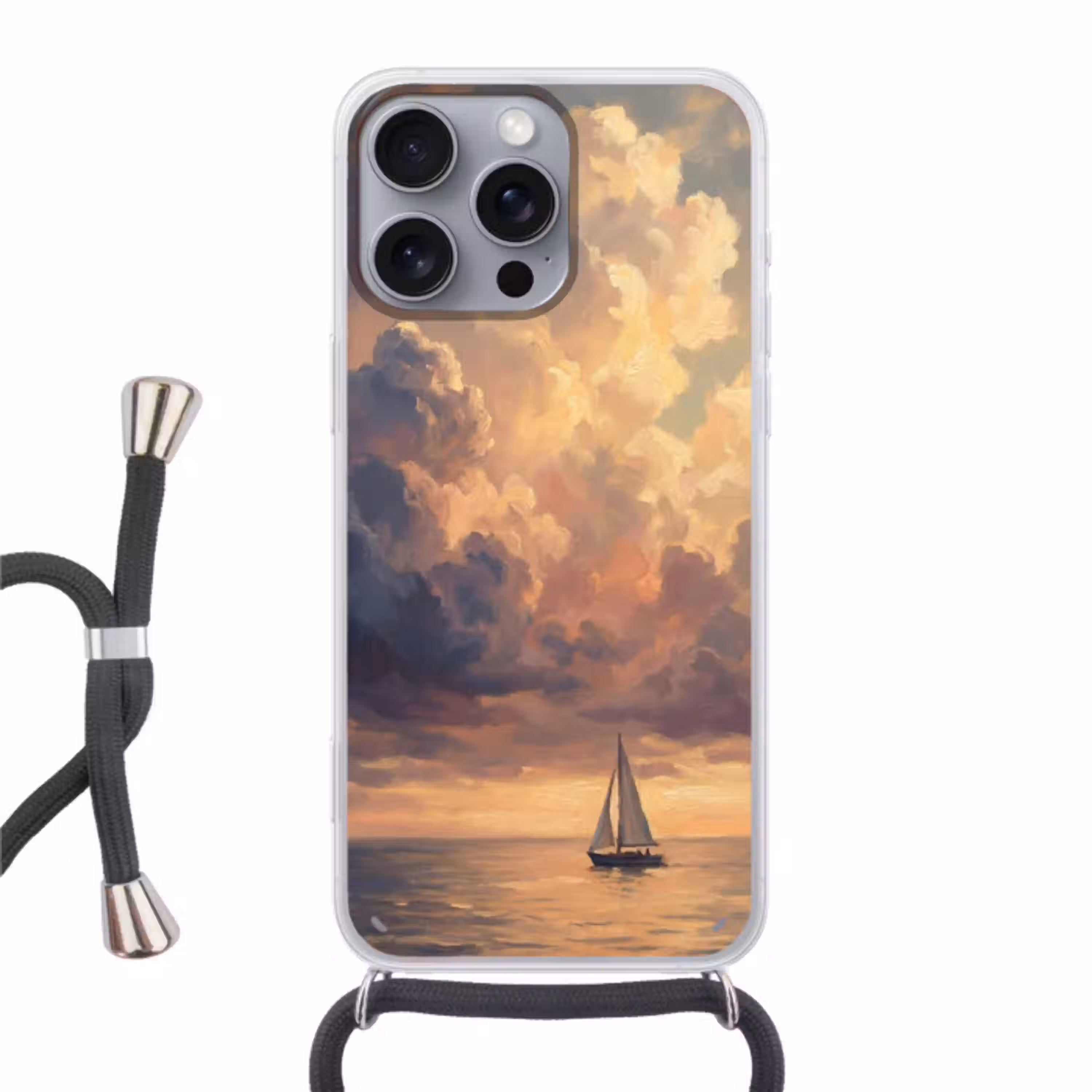 Boot - Zonsondergang - Zee - Natuur - Goud Hoesje iPhone 16 Pro Max met koord klein -3d
