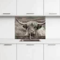 Schotse hooglander - Zwart - Wit - Hout keuken achterwand 2 middel -3d