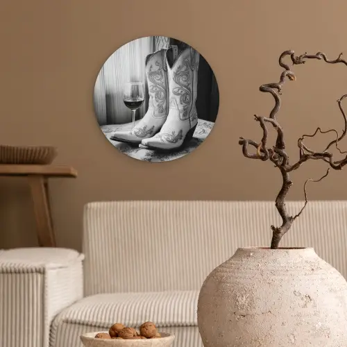 Wijn - Cowboylaarzen - Raamlicht - Wit Wandcirkel plexiglas klein -sfeer1