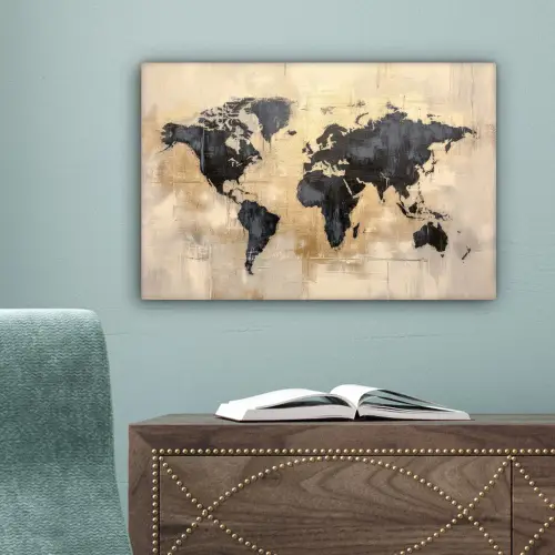 Wereldkaart - Goud - Zwart - Abstract canvas 2cm klein -sfeer4
