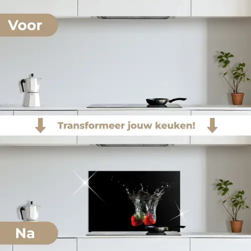 Aardbeien - Fruit - Water - Zwart - Rood keuken achterwand spatscherm klein -voor_na_NL